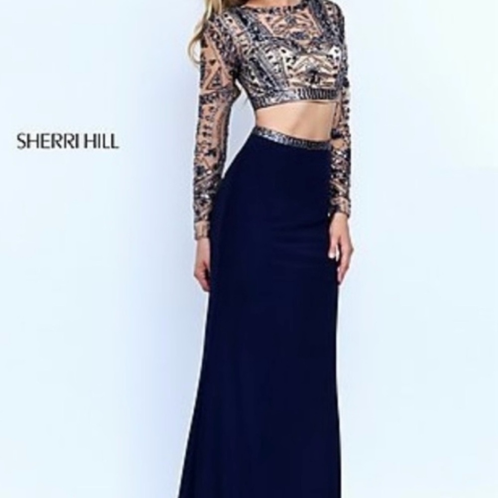 Sherri Hill Navy and Gold Long Sleeve Dress